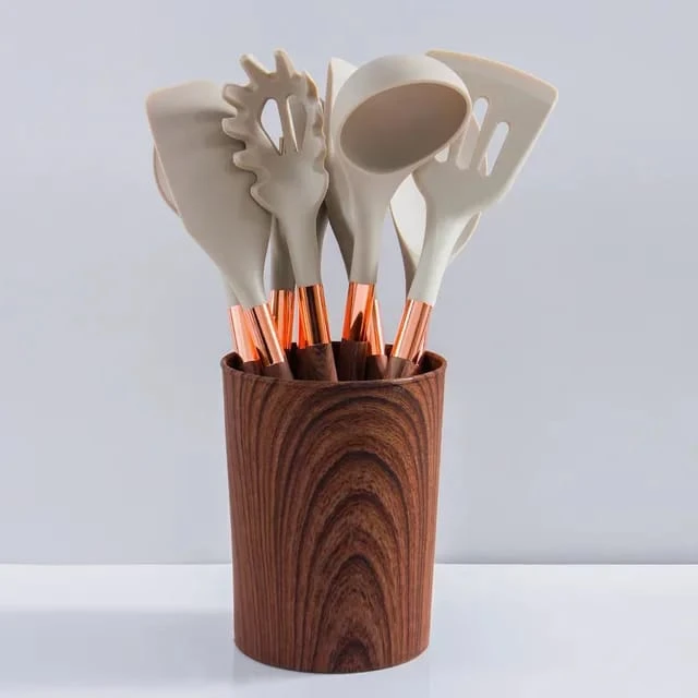 Premium 11-Piece Silicone Kitchen Utensil Set with Wood-Grain Handles