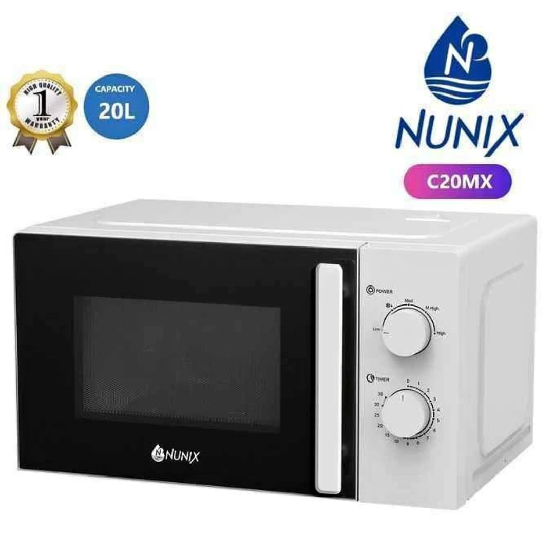 Nunix 20L Compact Manual Microwave Oven – 700W Energy-Efficient Defrost & Reheat Station (White/Silver)
