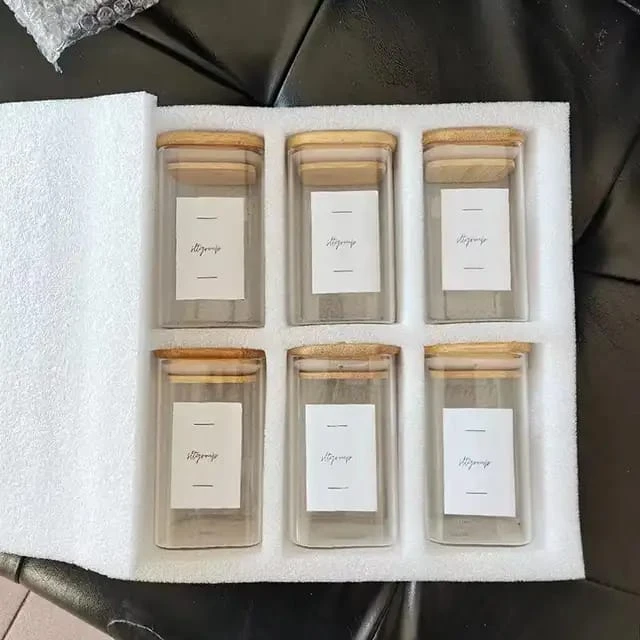 Premium 6-Pack Square Glass Spice Jars with Bamboo Lids and Matching Spoons (250ml)