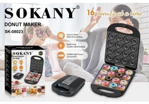 Sokany SK-08023 Donut/Doughnut Maker - 1200W, 16 Slots Clearly states high capacity and power.
