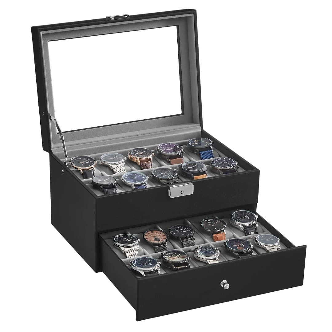 Luxury 20-Slot Leather Watch & Jewelry Organizer Case with Secure Lock